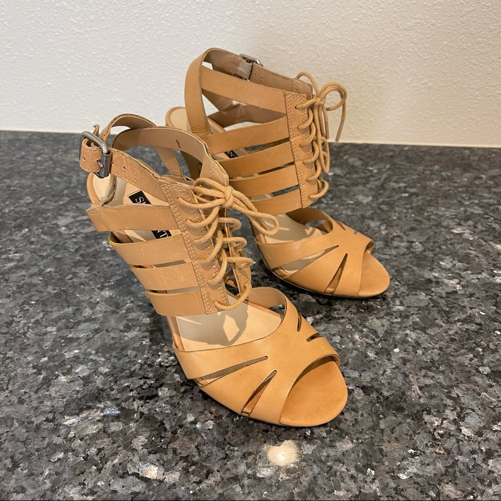 Shoemint gladiator stiletto buckle leather tan